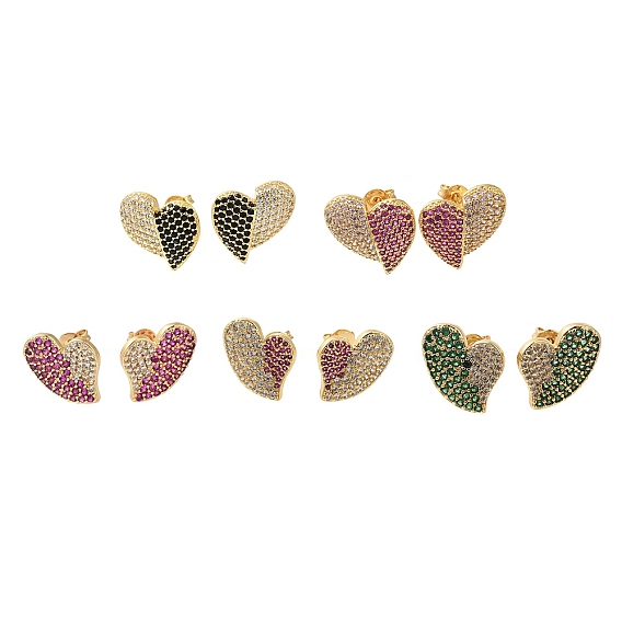 Серьги-гвоздики из латуни с паве из кубического циркония, сердце, слева и справа