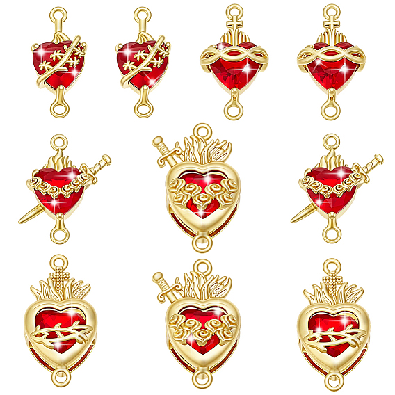 10Pcs Brass with Glass Dark Red Sacred Heart Connector Charms, Lead Free & Cadmium Free, Long-Lasting Plated, Rack Plating