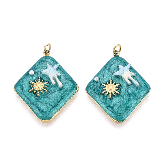 304 подвески из нержавеющей стали и эмалированной смолы с имитацией жемчуга, ромб с звездой, с целью перехода в кольце, ионное покрытие (ip), реальный 18 k позолоченный