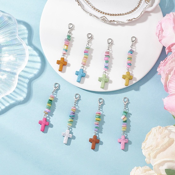 Синтетический бирюзовый крест с натуральными пресноводными ракушками, подвесные украшения, с карабин-лобстерами , платина