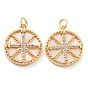 Brass Micro Pave Clear Cubic Zirconia Flat Round Pendants, Natural Freshwater Shell Compass Charms