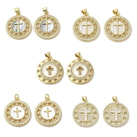 Brass Micro Pave Clear Cubic Zirconia Pendants, with Shell, Real 18K Gold Plated, Flat Round
