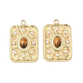 Граненые подвески из натурального тигрового глаза, прямоугольник амулеты, с 304 оправами из нержавеющей стали и имитацией жемчуга из АБС-пластика, белые