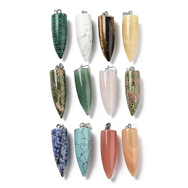 Mixed Gemstone Pointed Pendants, Bullet Shape Charms with Platinum Plated Iron Snap on Bails