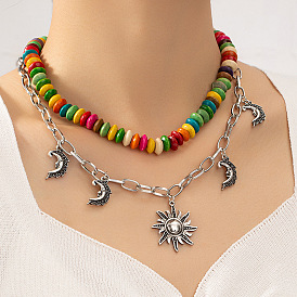Fashion Geometric Color Matching Wood Beaded Necklace Ethnic Retro Sun Moon Colorful Necklace