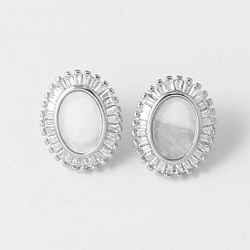 Brass Micro Pave Cubic Zirconia Stud Earrings, Oval, with Shell