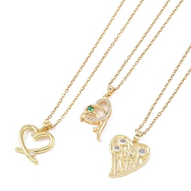 201 Stainless Steel Cable Chain Necklaces, Brass Micro Pave Cubic Zirconia Pendant Necklaces, Heart