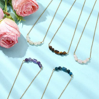 Подвеска в виде колонны из натуральных смешанных драгоценных камней, круглые бусины 304 цепочки из нержавеющей стали для женщин