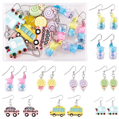 DIY Cartoon Earring Making Kit, Including Car & Lollipop & Imitation Bubble Tea Resin Pendants, 304 Stainless Steel Earring Hooks