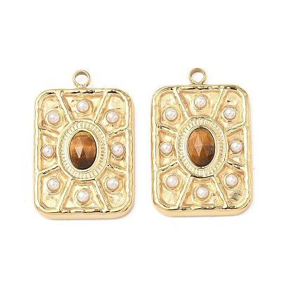 Граненые подвески из натурального тигрового глаза, прямоугольник амулеты, с 304 оправами из нержавеющей стали и имитацией жемчуга из АБС-пластика, белые