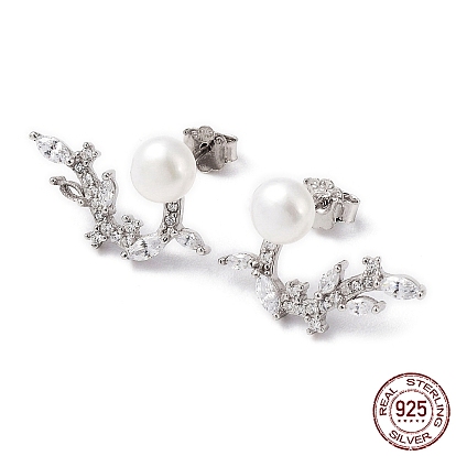 Cubic Zirconia Leafy Branch with Natural Pearl Dangle Stud Earrings, 925 Sterling Silver Earrings for Women