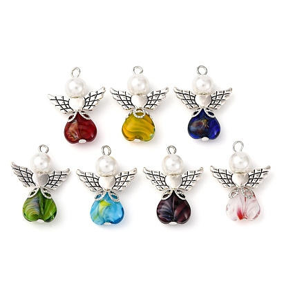 7шт 7цвета подвески из стекла миллефиори, подвески в форме сердца в виде ангела, со стеклянным жемчугом и бусинами в виде крыльев из сплава и железной петлей