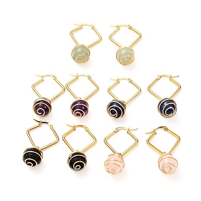 Copper Wire Wrapped Natural Gemstone Dangle Earrings for Women, 201 Stainless Steel Augular Hoop Earrings