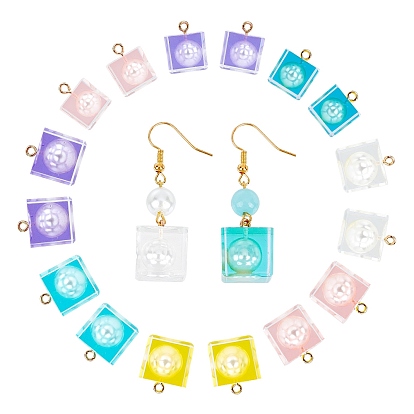 Подвески из прозрачной эпоксидной смолы, с бусинами из абс-пластика с имитацией жемчуга и позолоченной железной петлей, кубические