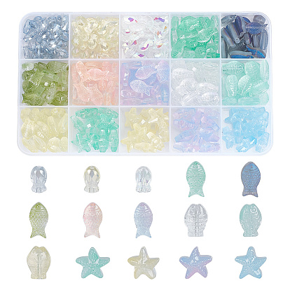 275шт 15 стили прозрачные и матовые стеклянные бусины, рыба и морская звезда, разнообразные