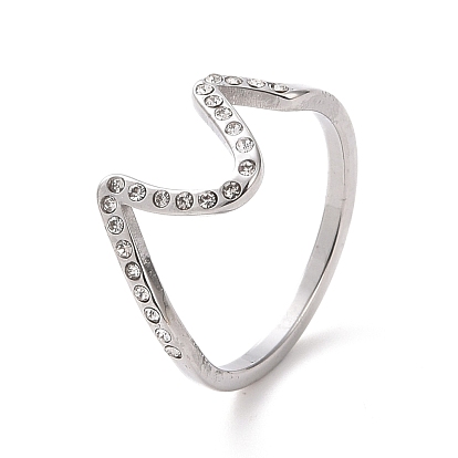 Crystal Rhinestone Wave Finger Ring, 304 Stainless Steel Jewelry for Women