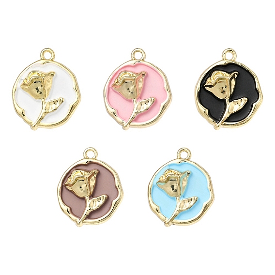 5Pcs Rack Plating Alloy Enamel Pendants, Cadmium Free & Lead Free, Flat Round with Rose