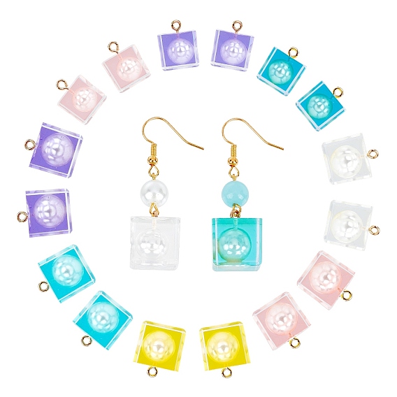 Подвески из прозрачной эпоксидной смолы, с бусинами из абс-пластика с имитацией жемчуга и позолоченной железной петлей, кубические
