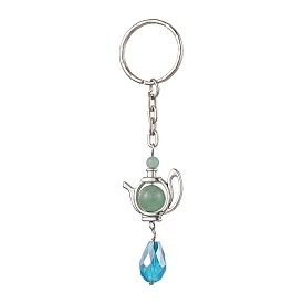 Natural Green Aventurine & Glass Pendant Keychain, Iron Split Key Rings, Teapot