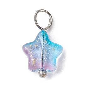 Spray Painted Glass Pendant, with Brass Findings, Star Charms