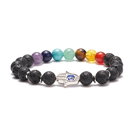 Natural & Synthetic Mixed Gemstone Stretch Bracelet with Alloy Hamsa Hand, 7 Chakra Jewelry for Women