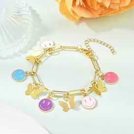 Браслеты с подвесками из латуни и сплава с эмалью, браслеты-цепочки из латуни для скрепок для женщин, бабочка и улыбающееся лицо