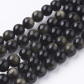 Brillance dorée naturelle perles obsidienne brins, ronde