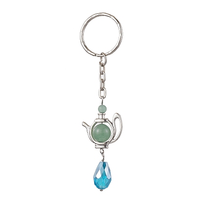 Natural Green Aventurine & Glass Pendant Keychain, Iron Split Key Rings, Teapot