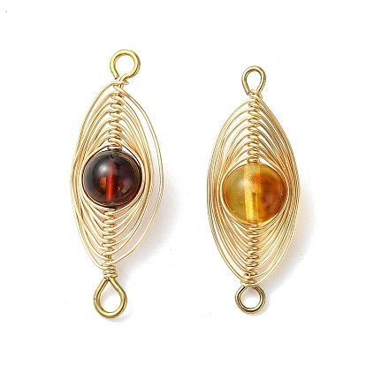 Подвески-коннекторы из натурального янтаря в виде елочки, обмотанные проволокой, Звенья из конского ушка с двойными петлями из нержавеющей стали.