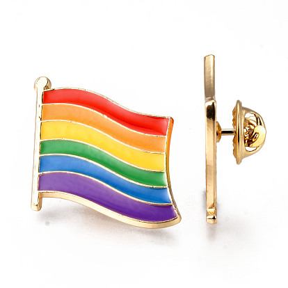 Alloy Enamel Brooches, Enamel Pin, with Brass Butterfly Clutches, Pride Flag/Rainbow Flag, Light Gold, Cadmium Free & Nickel Free & Lead Free