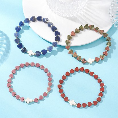 Природные драгоценный камень бисером растянуть браслеты, украшения из окрашенных синтетических бирюзовых бусин для женщин, сердце и крест