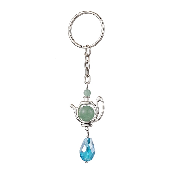 Natural Green Aventurine & Glass Pendant Keychain, Iron Split Key Rings, Teapot
