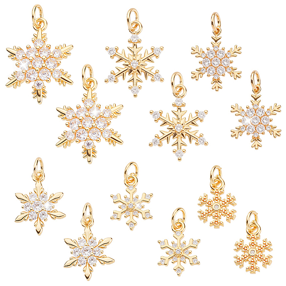 12 шт 6 стили латунные микропаве прозрачные кубические циркониевые подвески, снежинка, на Рождество, с целью перехода в кольце