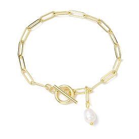 Natural Cultured Freshwater Pearl Charm Bracelets, Brass Paperclip Chain Bracelets for Women