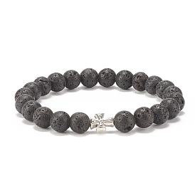 Natural Lava Rock Stretch Bracelet with Alloy Cross, Essential Oil Gemstone Jewelry for Women