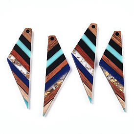 Transparent Resin & Walnut Wood Big Pendants, with Gold Foil, Quadrilateral Wing Charm