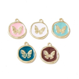 Alloy Enamel Pendants, Light Gold, Flat Round with Butterfly