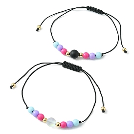 2Pcs 2 Style Natural Black Agate & Synthetic Moonstone & Acrylic Round Braided Bead Bracelets Set, Nylon Adjustable Bracelets