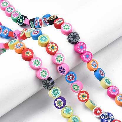 Handmade Polymer Clay Bead Strands, FLat Round with Flower