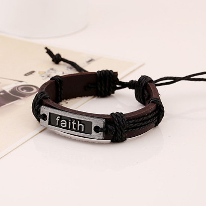 Adjustable Cowhide Cord Bracelets for Men, Word Faith Alloy Links Bracelets