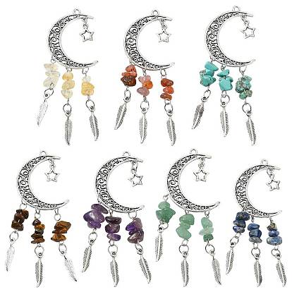 7Piezas de decoraciones colgantes de luna con piedras preciosas naturales y sintéticas, con fornituras de aleación, plata antigua y platino