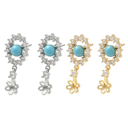 Фурнитура для серег из латуни с кубическим цирконием, овальные, с 925 булавкой из стерлингового серебра и искусственной бирюзой, за половину пробурено бисера