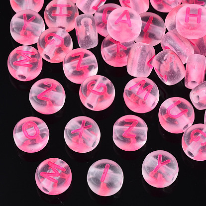 Transparent Acrylic Beads, Frosted, Flat Round with Random Letter