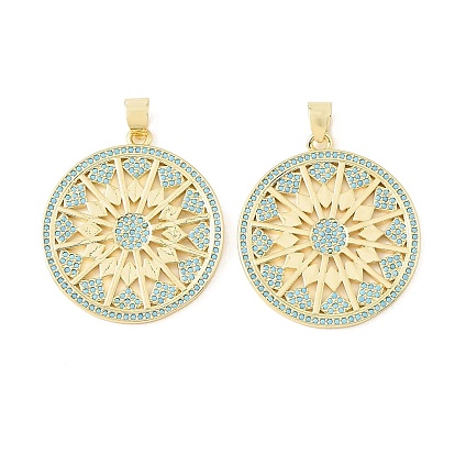 Brass Micro Pave Sky Blue Cubic Zirconia Pendants, Flat Round with Sun Wheel Charms, Rack Plating, Long-Lasting Plated, Lead Free & Cadmium Free