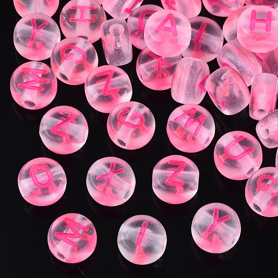 Transparent Acrylic Beads, Frosted, Flat Round with Random Letter