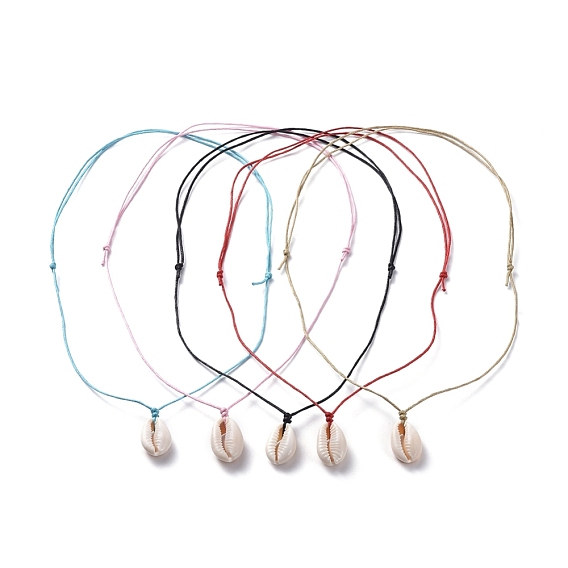 Adjustable Pendant Necklaces, with Waxed Cotton Cord and Cowrie Shell Beads