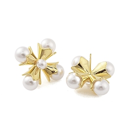 Brass with Resin Imitation Pearl Stud Earrings, Flower