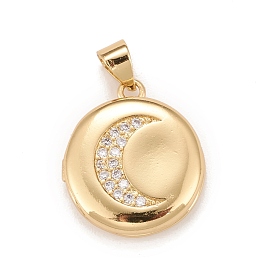 Brass Micro Pave Cubic Zirconia Locket Pendants, Photo Frame Charms for Necklaces, Real 18K Gold Plated, Lead Free & Cadmium Free, Flat Round with Moon