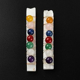 Chakra Jewelry, Natural Selenite Home Decorations, with Brass Wire Wrapped and Natural Gemstone Round Beads, Rectangle