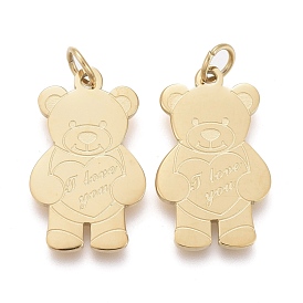 Valentine's Day Ion Plating(IP) 304 Stainless Steel Pendants, with Jump Ring, Laser Cut, Bear with Word I Love You